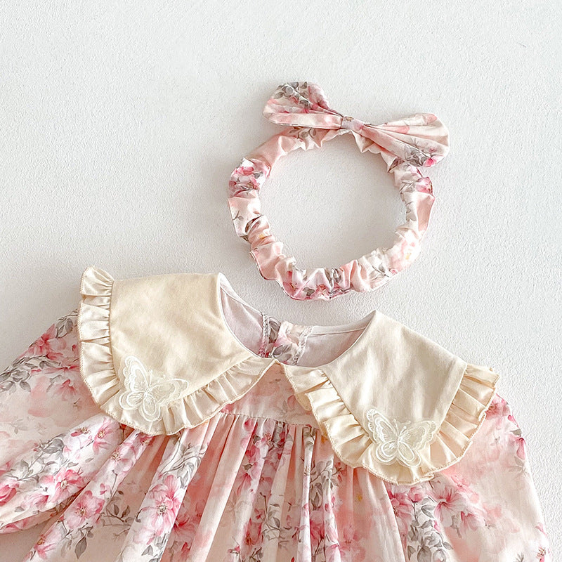 (In Production)Sisters Baby Collar Pink Floral Dress&Romper