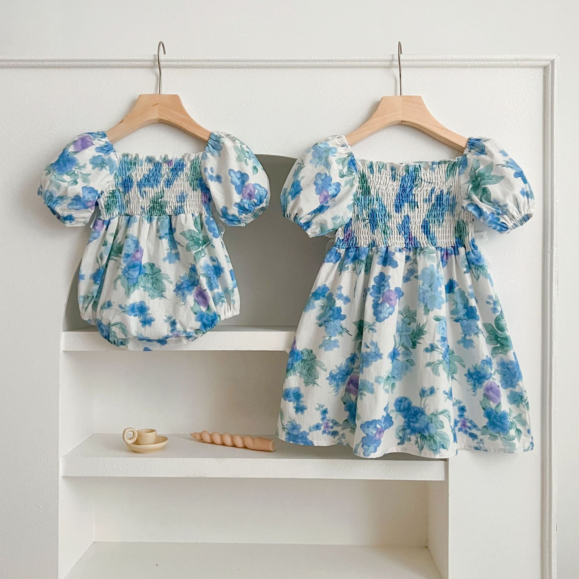 (In Production)Sisters Spring&Summer Floral Print Smocked Dress,Romper