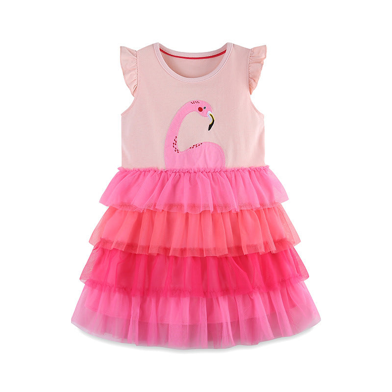 (In Production)Girls Spring&Summer Flamingo Applique Tulle Dress