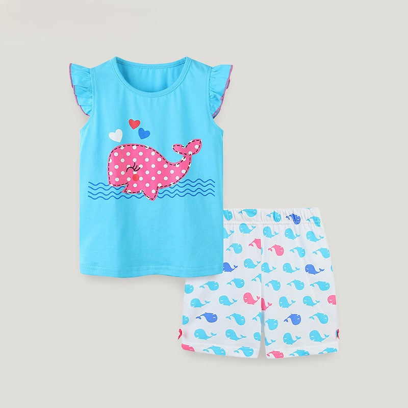 (In Production)Girls Spring&Summer Whale Print Cotton Shorts Set