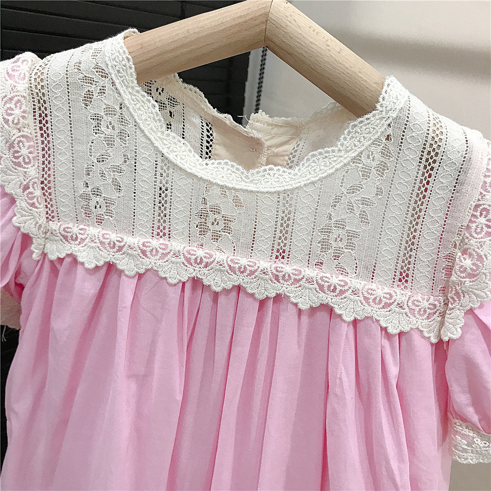 (In Production)Girls Spring&Summer Pink Cotton Lace Dress