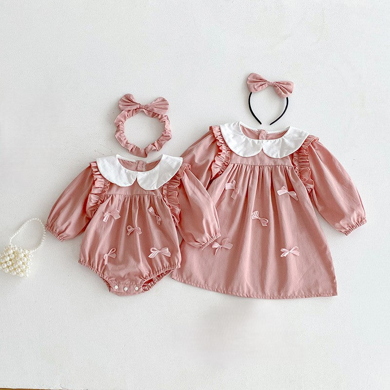 (In Production)Sisters Spring Pink Bow Doll Collar Dress&Romper