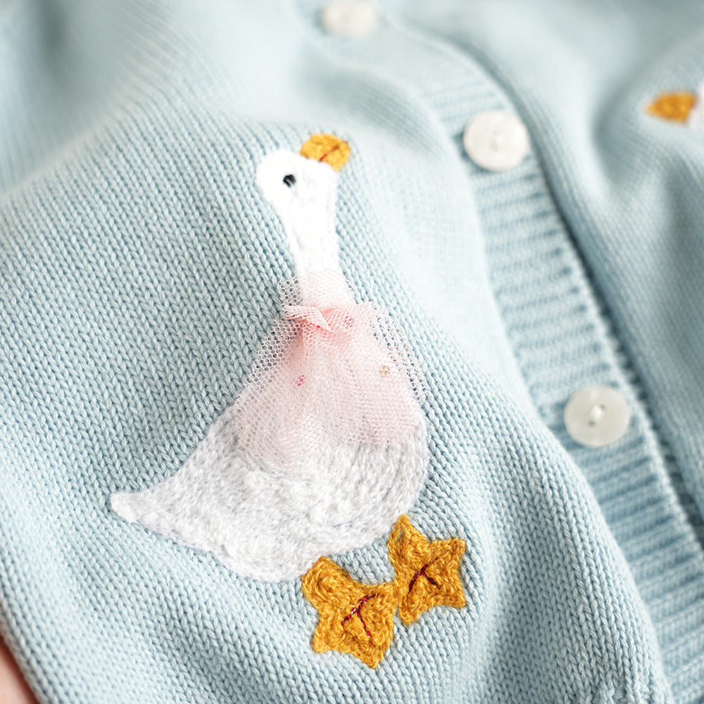 (In Production)Girls Spring&Summer Goose Embroidery Cardigan Sweater