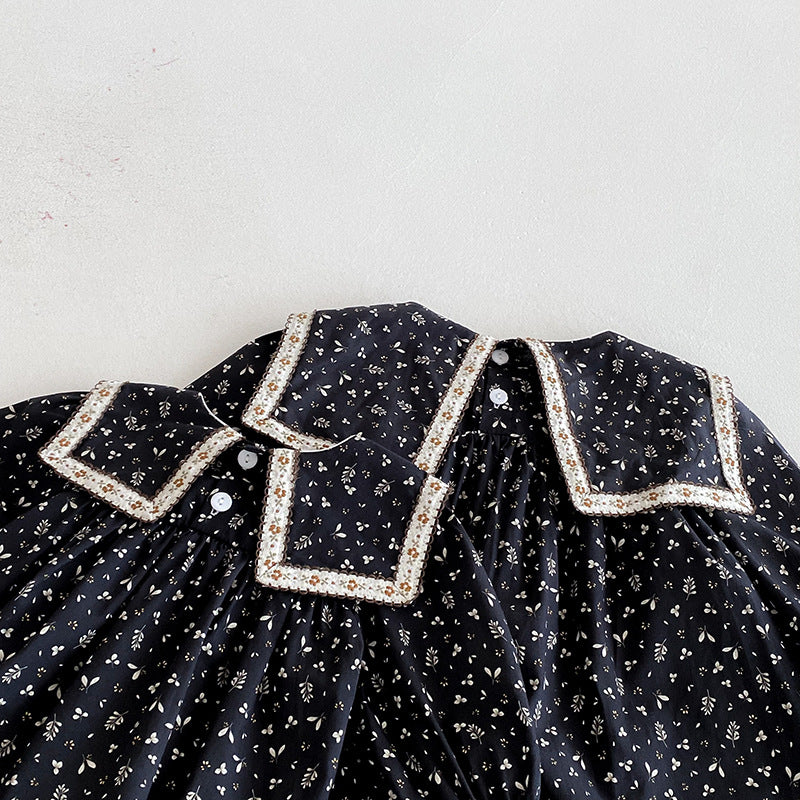 (In Production)Sisters Fall Floral Print Bow Dress&Romper