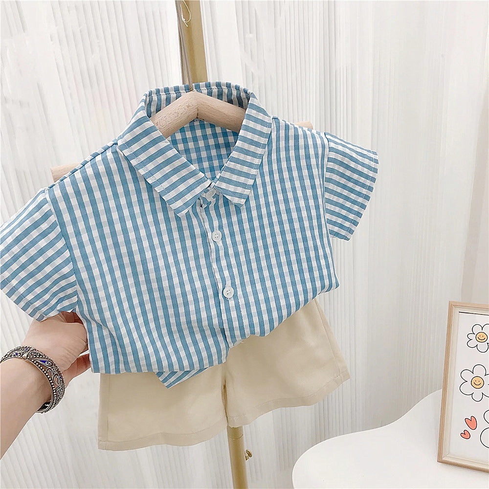 (In Production)Siblings Summer Blue Plaid Shorts Set&Dress with Hat
