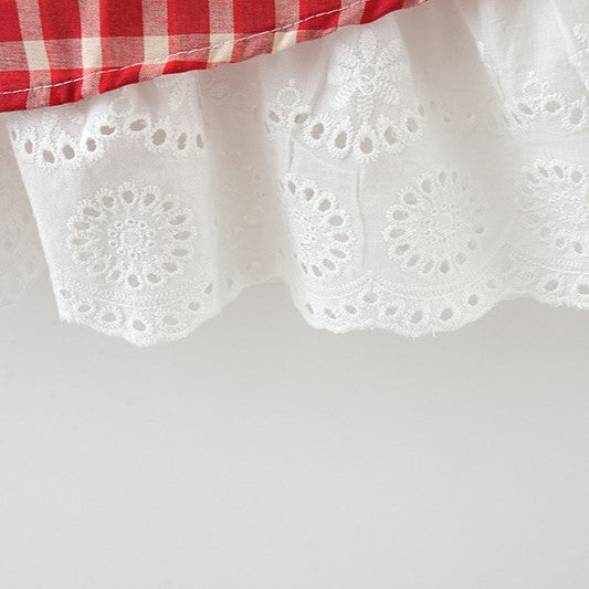 (In Production)Girls Spring and Summer Red Plaid Dress with Straw Hat