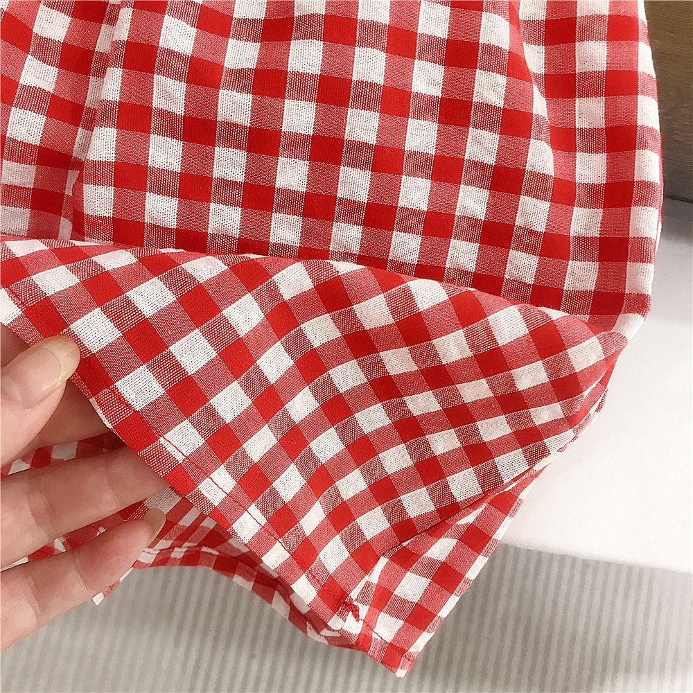 (In Production)Girls Spring&Summer Strawberry Plaid Slip Dress