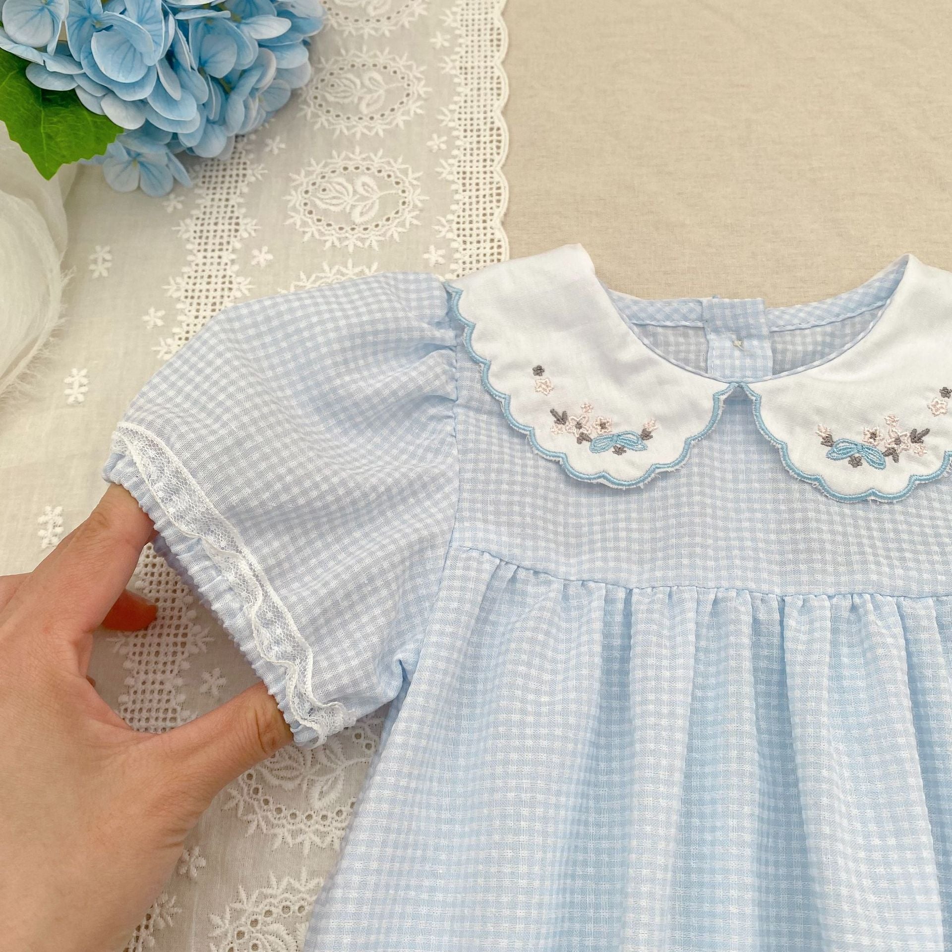(In Production)One Pack(4 Pieces total)Sale Toddler Girls Scallop Embroidery Romper