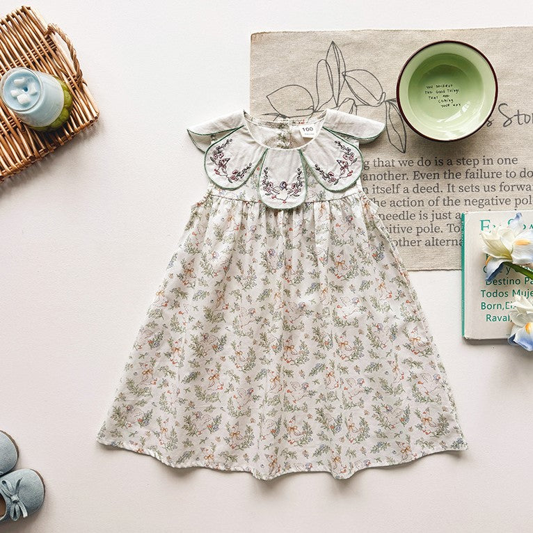 (In Production)Girls Spring&Summer Goose Embroidery Petal Collar Dress