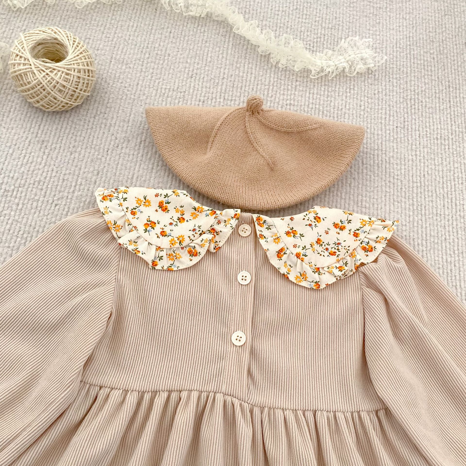 (Pre Order 2 Weeks)Sisters Fall Floral Ruffle Collar Corduroy Dress&Romper