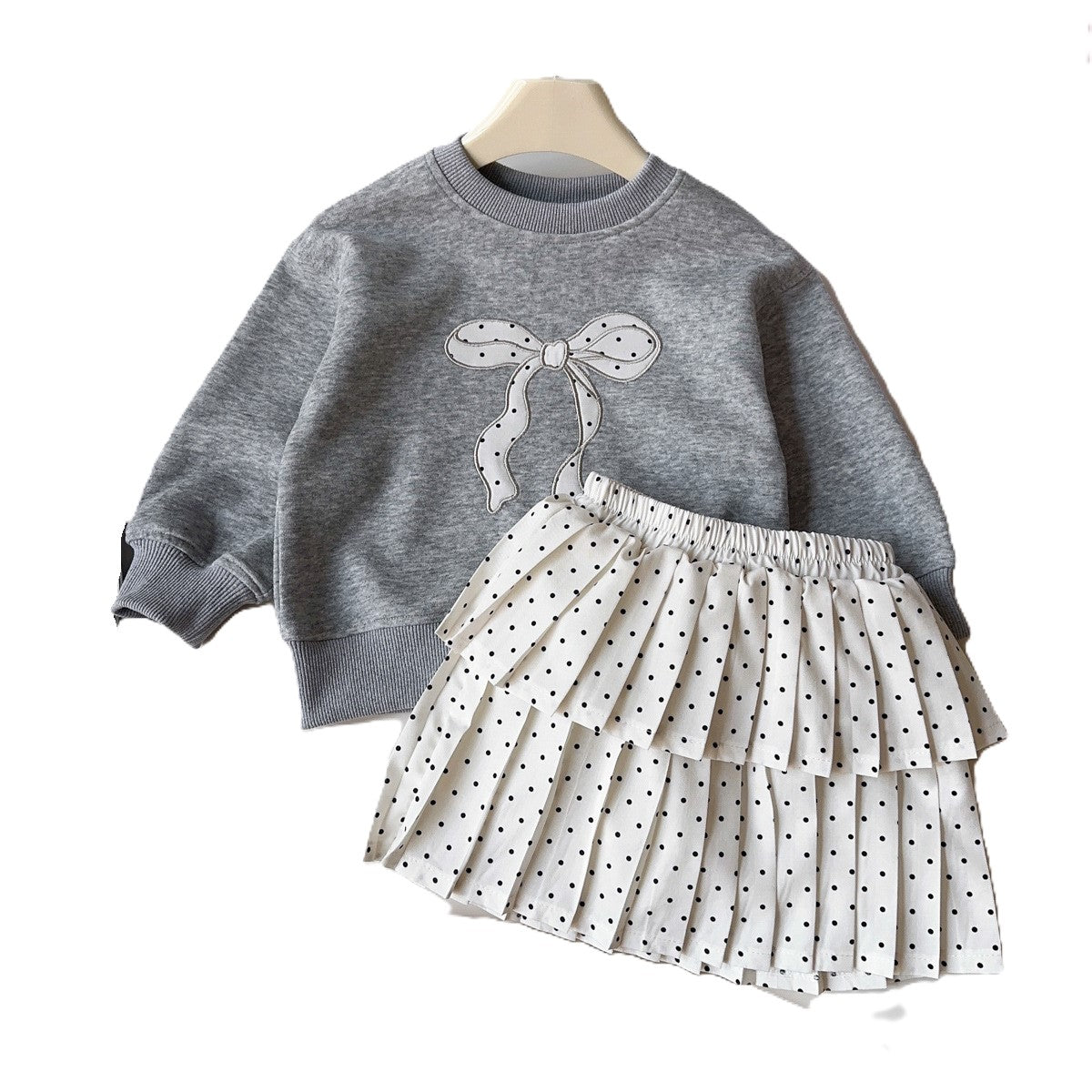 (In Production)Girls Fall&Winter Bow Applique Sweatshirt Set