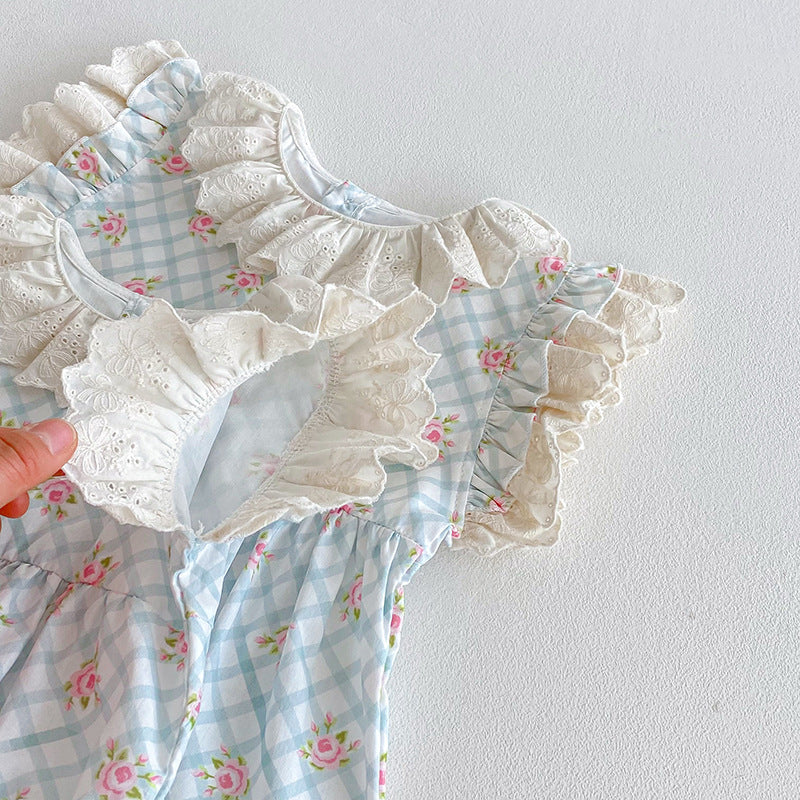 (In Production)Sisters Spring&Summer Floral Print Lace Ruffle Dress,Romper