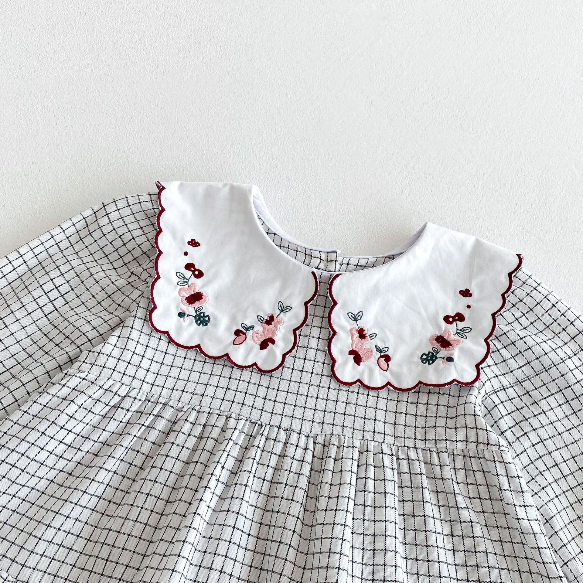 (In Production)Girls Fall Floral Embroidery Scallop Collar Dress