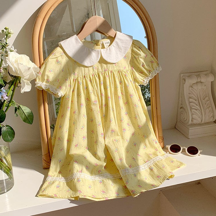 (In Production)Girls Spring&Summer Yellow Floral Print Doll Collar Dress