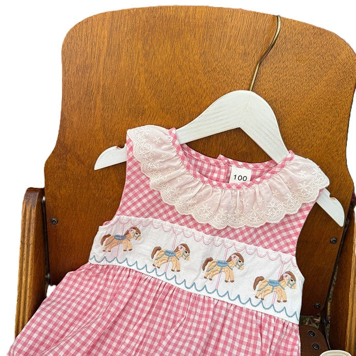 (In Production)Girls Summer Horse Embroidery Lace Dress