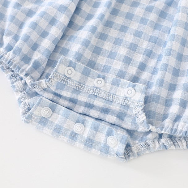 (Pre Order)Toddler Girls Spring and Summer Baby Blue Plaid Cotton Romper