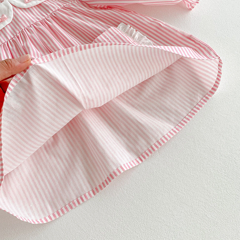 (In Production)Sisters Fall Pink Stripe Dress&Romper with Pockets