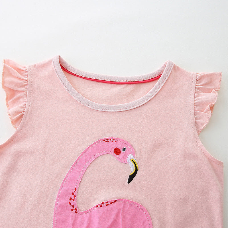 (In Production)Girls Spring&Summer Flamingo Applique Tulle Dress