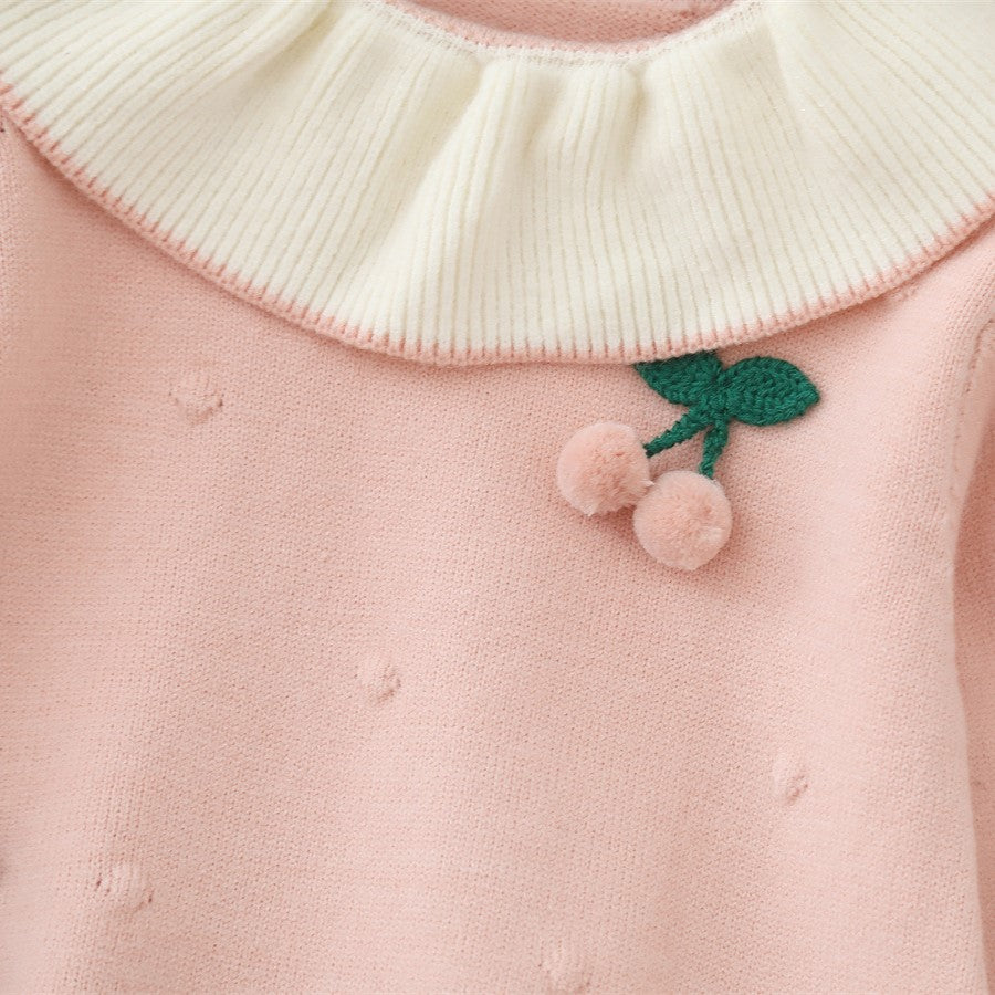 (In Production)Girls Christmas Red&Pink Cherry Doll Collar Sweater