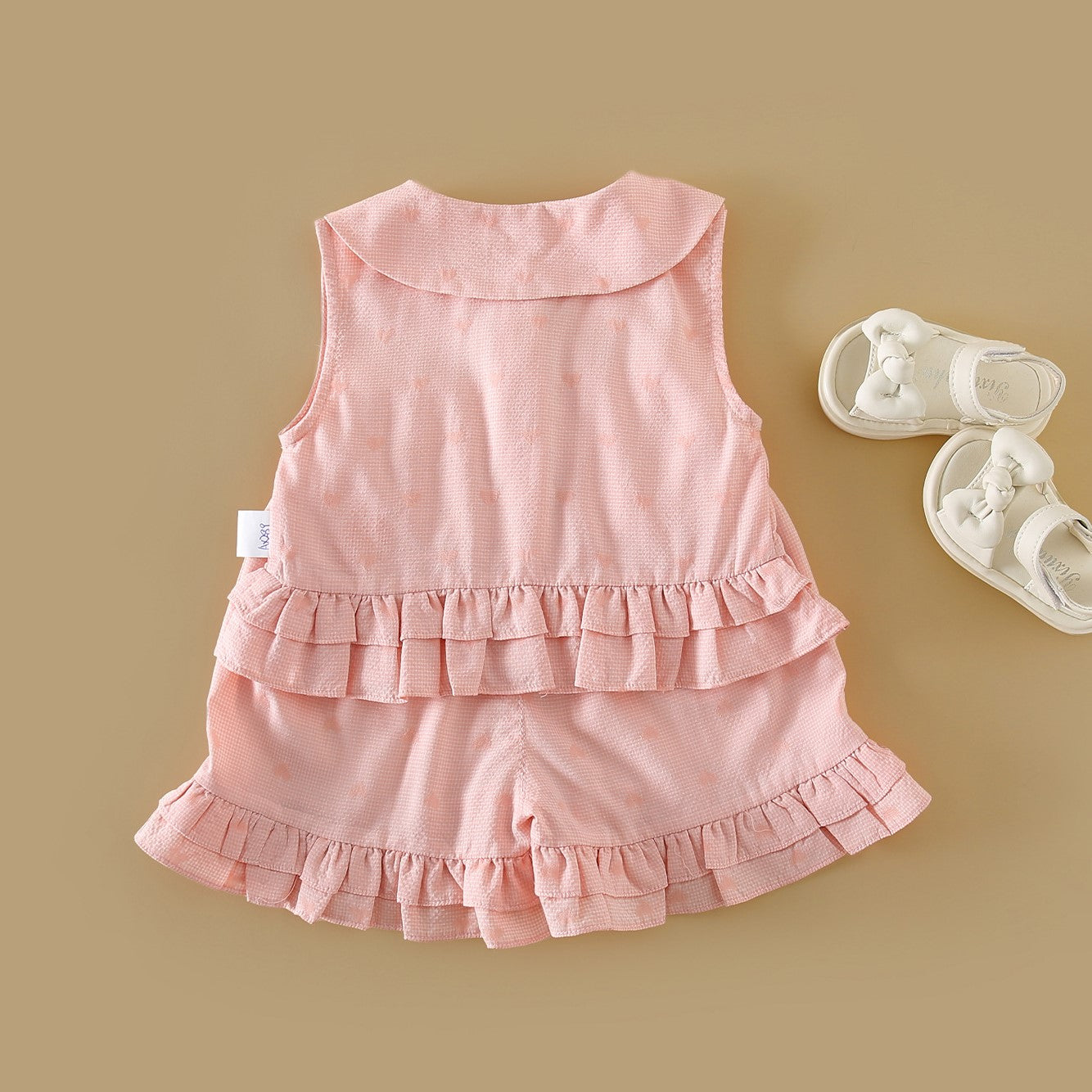 (In Production)Girls Spring&Summer Coral Plaid Cotton Ruffled Shorts Set