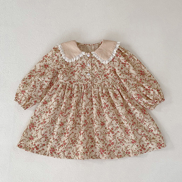 (In Production)Sisters Fall Floral Print Doll Collar Dress&Romper