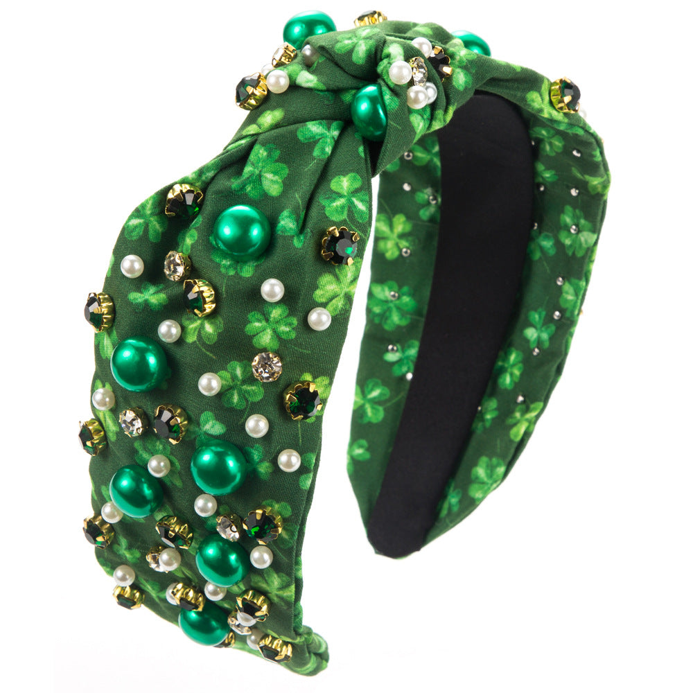 (Pre Order)Stylish St.Patrick's Day Shamrock Pearl Rhinestone Headband