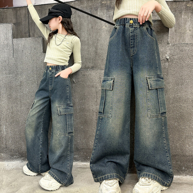 (In Production)Girls Spring Multi-pocket Jeans