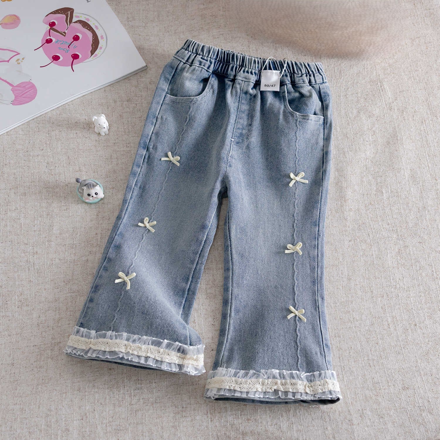 (In Production)Girls Spring&Summer Bow Lace Denim Flared Pants