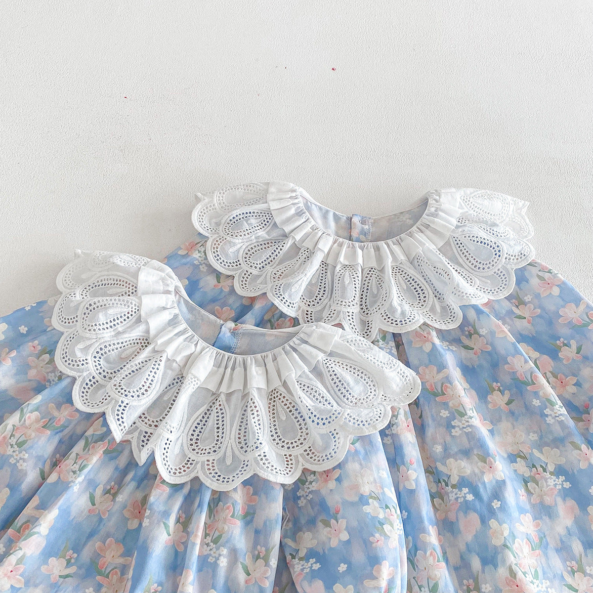 (Pre Order 2 Weeks)Sisters Fall Blue Floral Print Ruffle Collar Dress&Romper