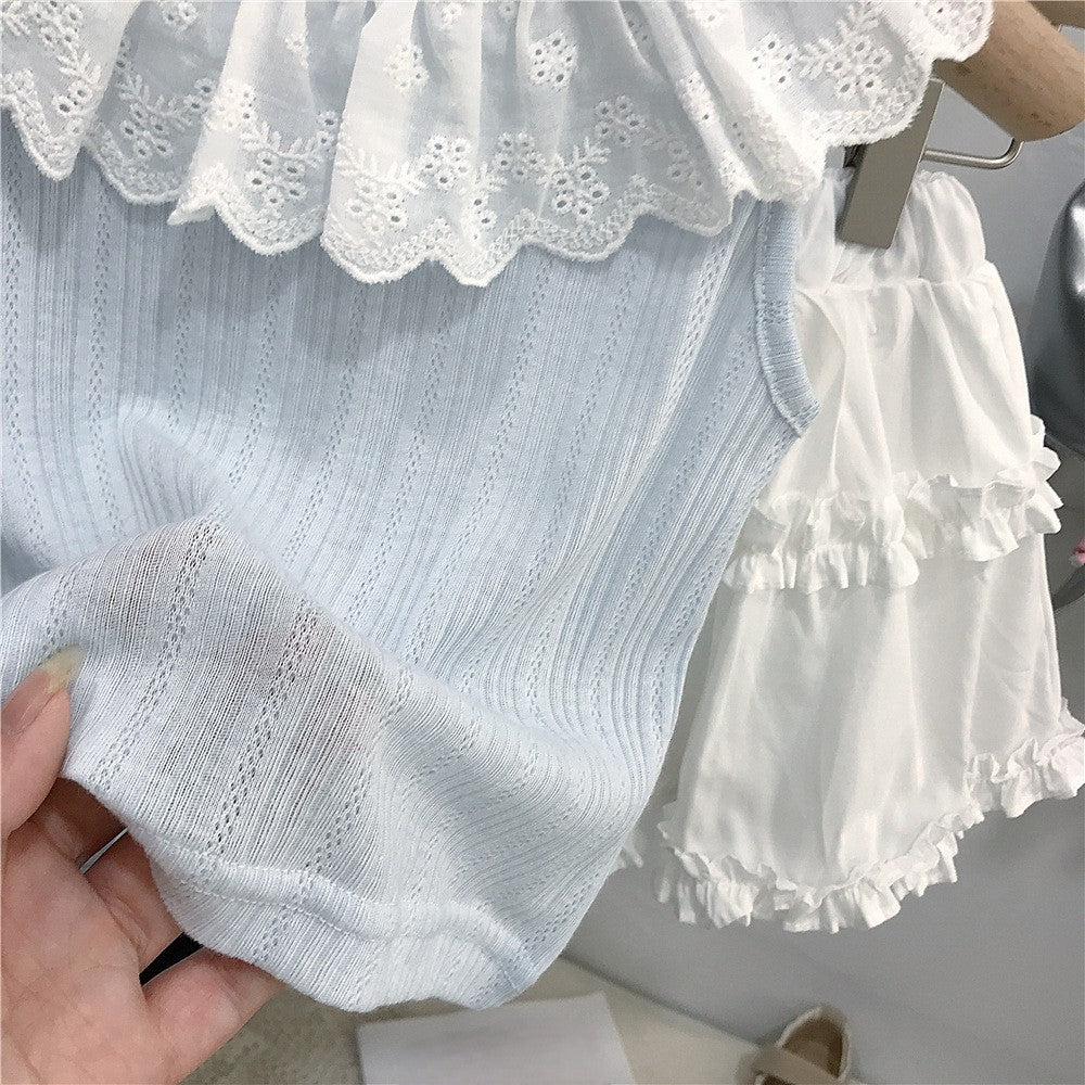 (In Production)Girls Spring&Summer Baby Blue Lace Ruffle Skirt Set