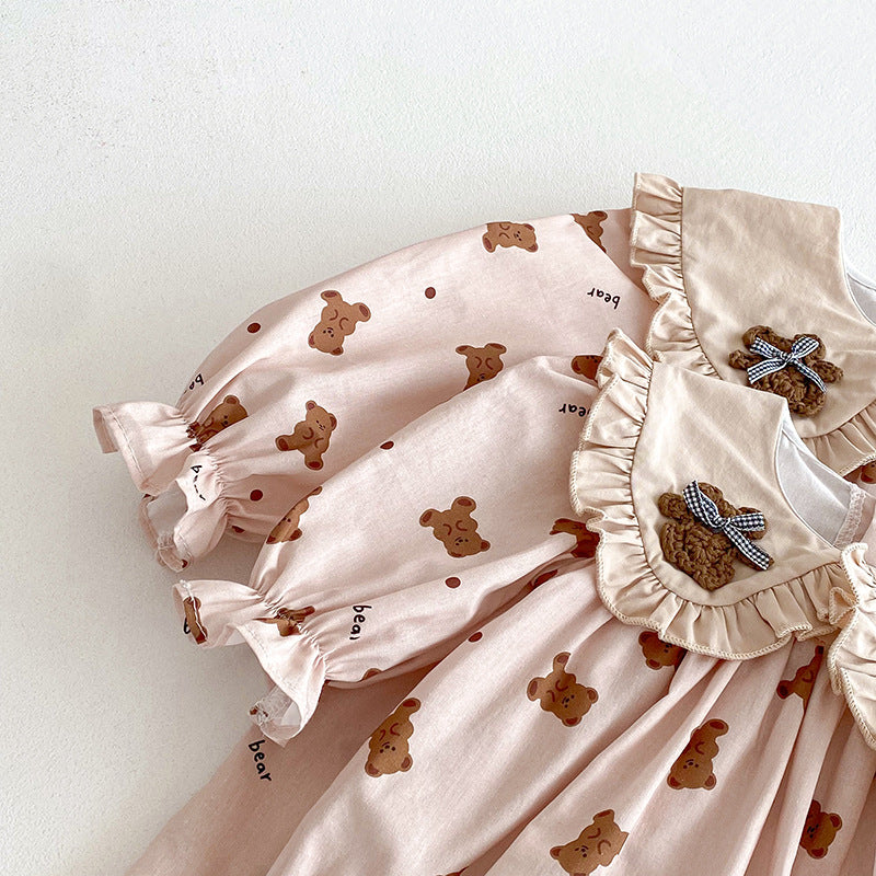 (Pre Order 2 Weeks)Sisters Fall Bear Print Collar Dress&Romper