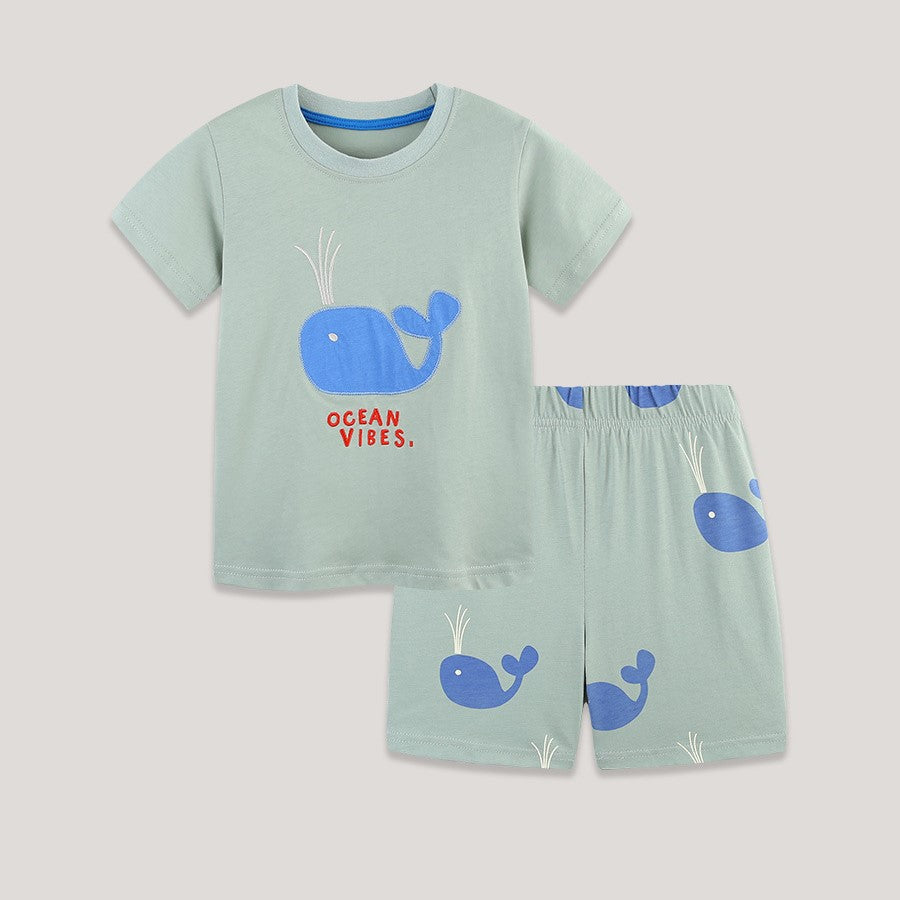 (In Production)Boys Spring&Summer Whale Applique Cotton Shorts Set
