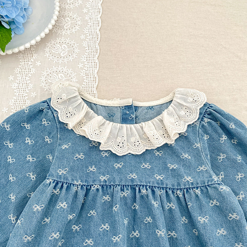 (Pre Order 2 Weeks)Sisters Fall Bow Ruffle Denim Dress&Romper