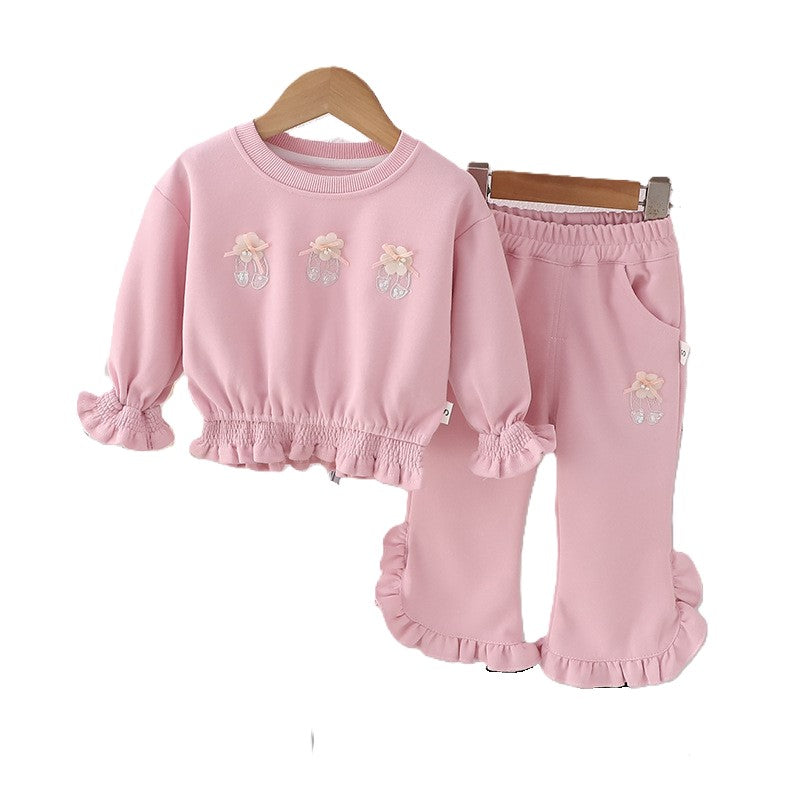 (In Production)Girls Fall&Winter Ballet Applique Ruffle Sweatshirt Suit