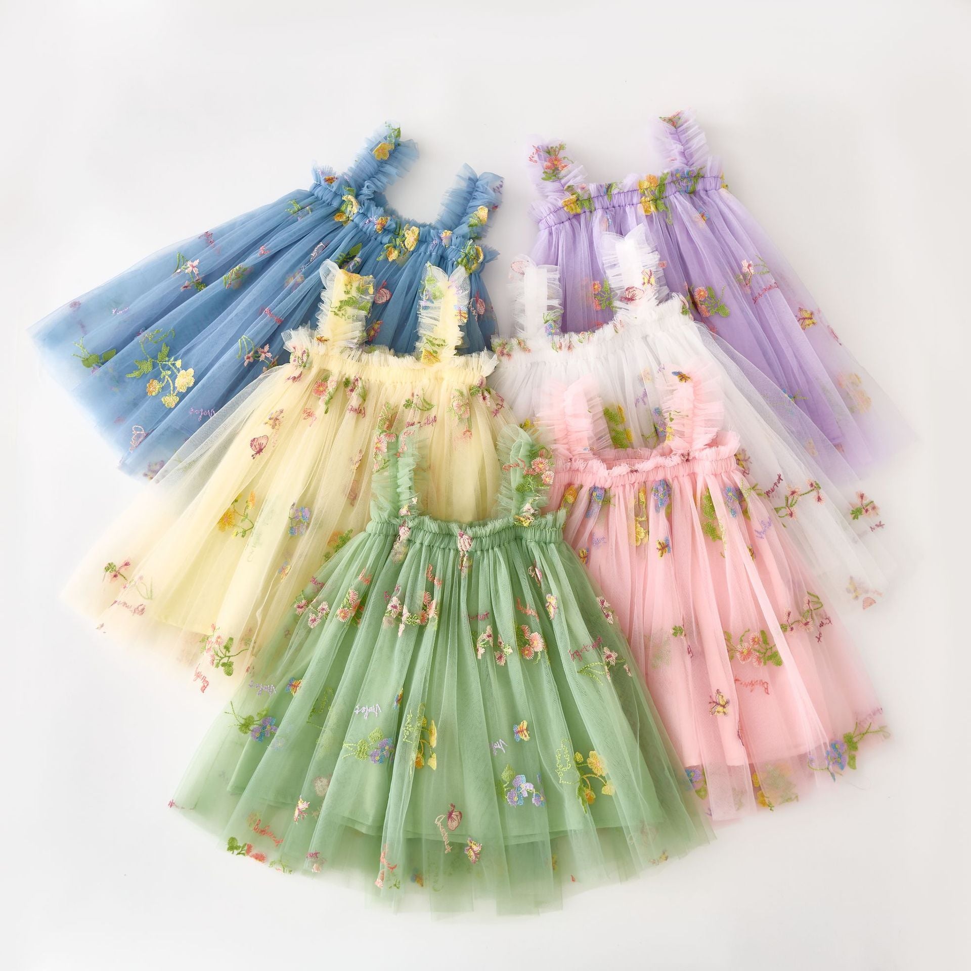 (In Production)Girls Spring&Summer Floral Embroidery Tulle Dress