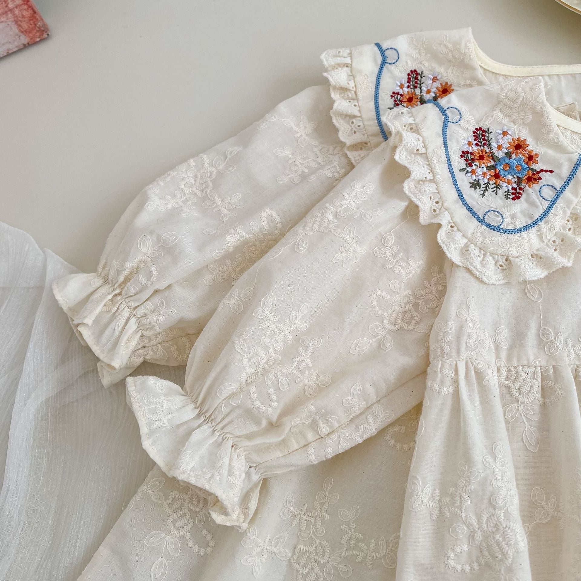 (In Production)Sisters Fall Floral Embroidery Lace Ruffle Dress&Romper