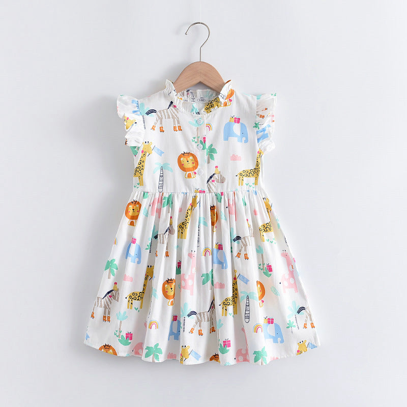 (In Production)Girls Spring and Summer Animal Print Flying Sleeves Dress