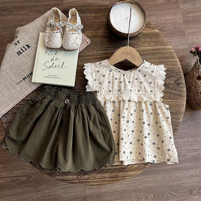 (In Production)Girls Spring&Summer Ruffle Scallop Embroidery Shorts Set
