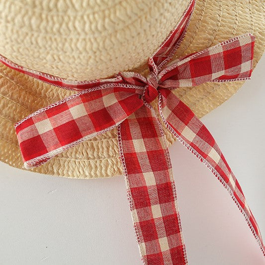 (In Production)Girls Spring and Summer Red Plaid Dress with Straw Hat