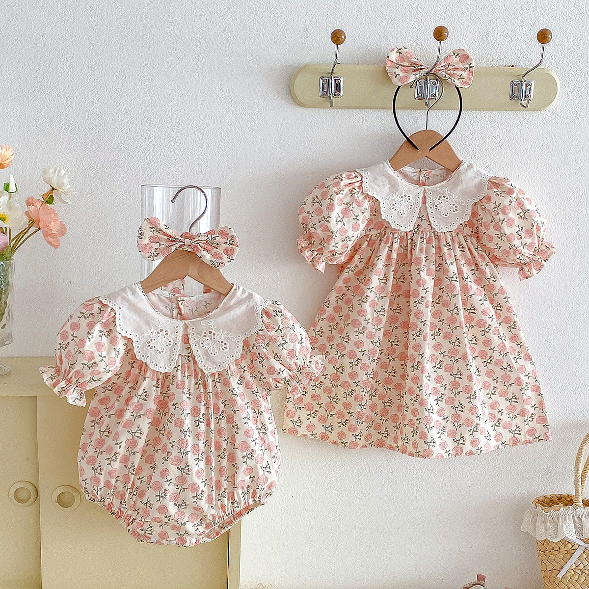 (In Production)Sisters Summer Rose Print Baby Collar Dress&Romper