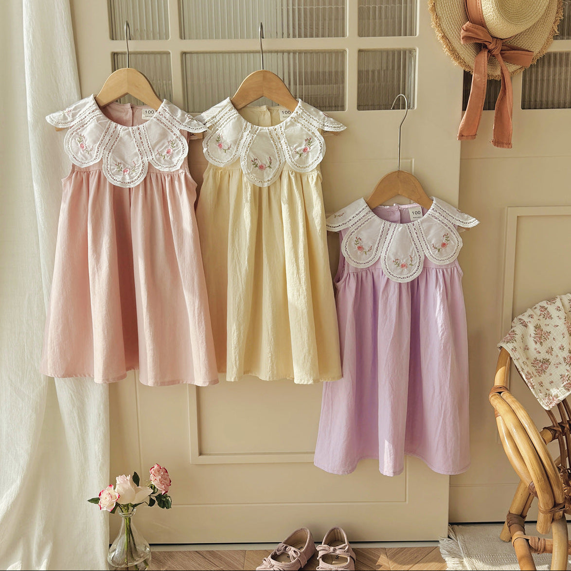 (In Production)Girls Spring&Summer Floral Embroidery Petal Collar Dress