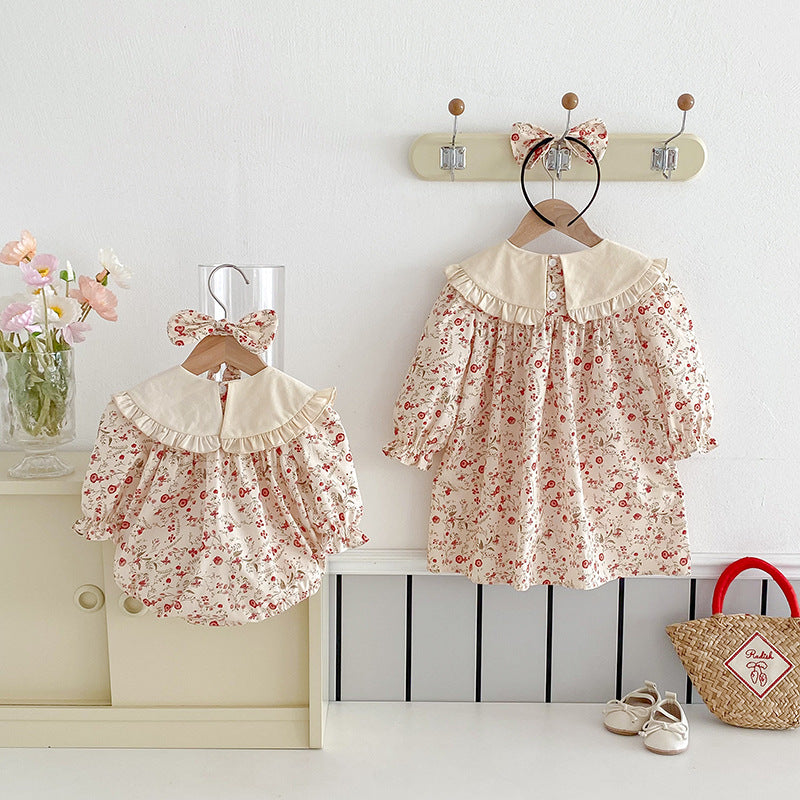 (In Production)Sisters Fall Floral Print Ruffle Dress&Romper