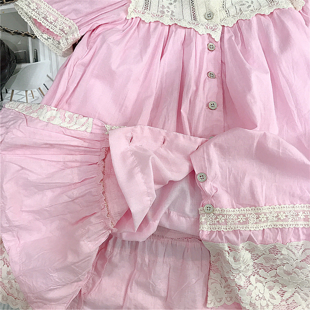 (In Production)Girls Spring&Summer Pink Cotton Lace Dress