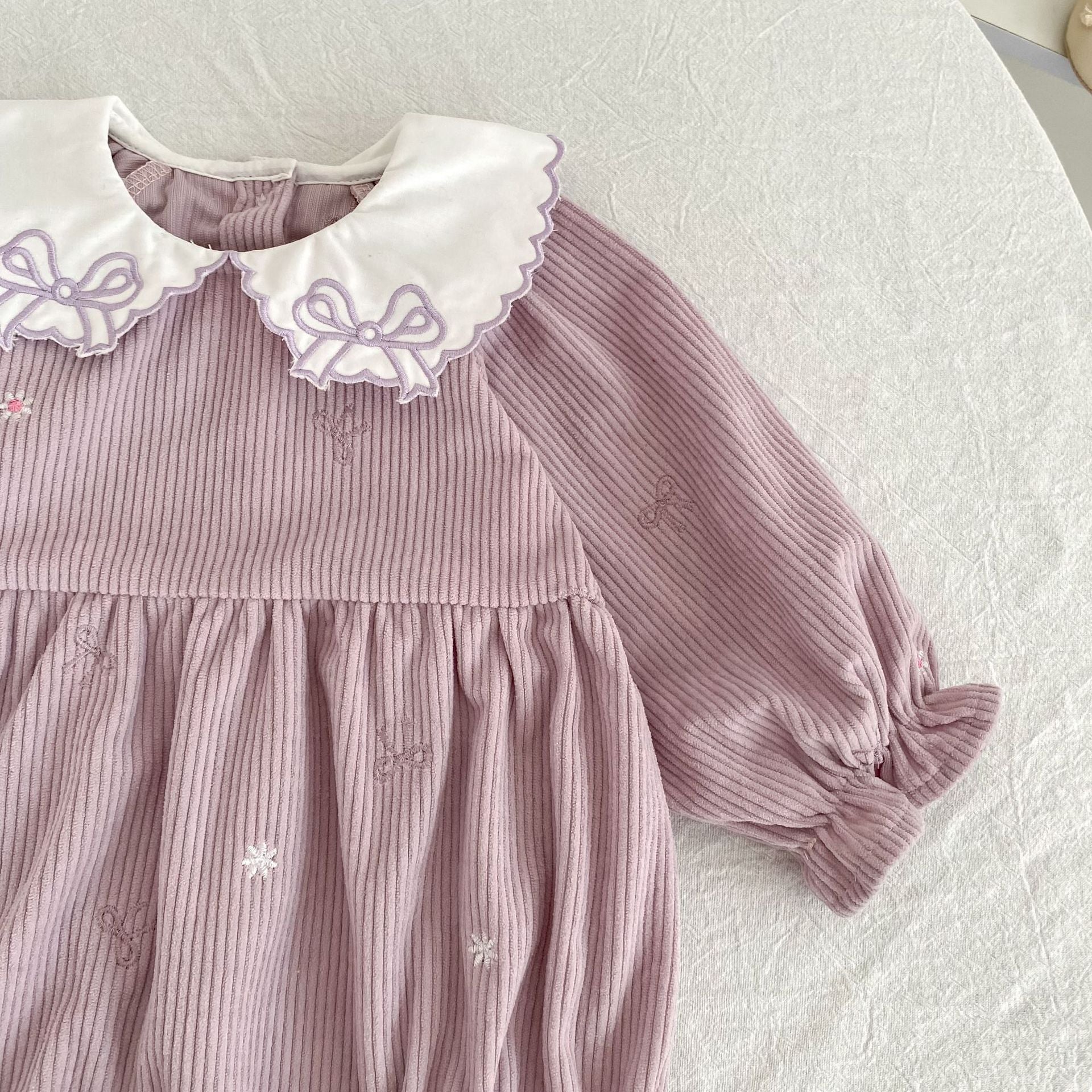(Pre Order 2 Weeks)Sisters Fall Bow Embroidery Collar Corduroy Dress&Romper