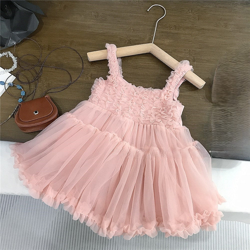 (In Production)Girls Summer Smoke Pink Halter Tulle Dress