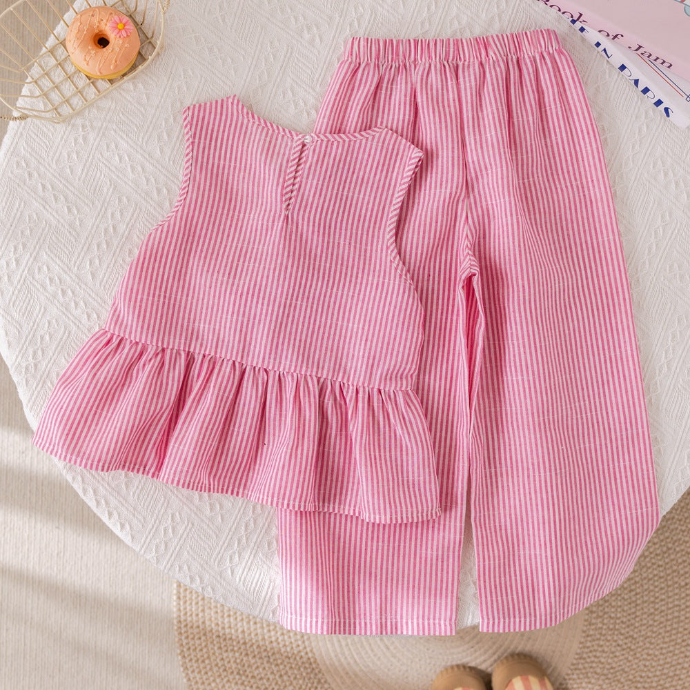 (In Production)Girls Summer Pink Stripes Sleeveless Long Pants Suit