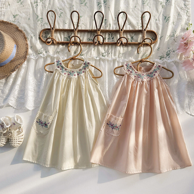 (In Production)Girls Spring&Summer Floral Embroidery Sleeveless Dress