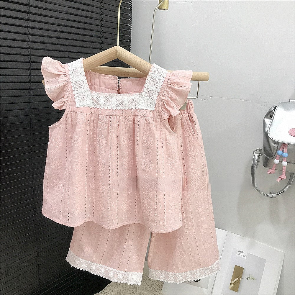 (In Production)Girls Summer Baby Pink Lace Outfit Set