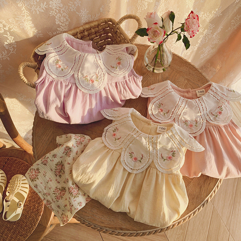 (In Production)Girls Spring&Summer Floral Embroidery Petal Collar Dress