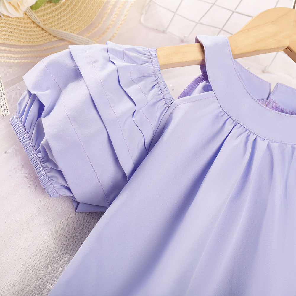 (In Production)Girls Spring and Summer Lavender Puffed Sleeves Dress